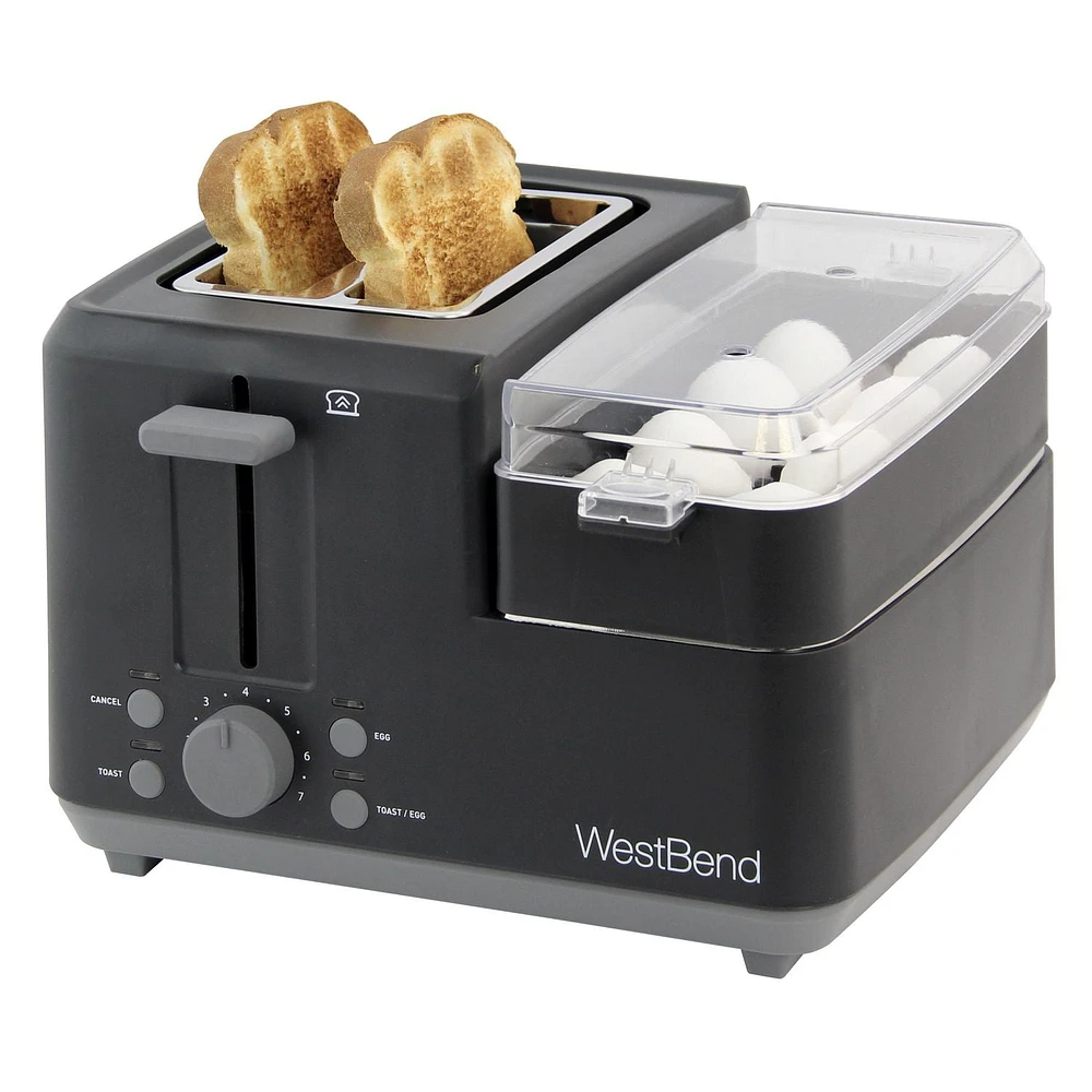 West Bend Multifunctional Breakfast Station, 2-Slice Toaster with Egg Cooker and Meat Warmer, in Black, Multifunctional Breakfast Station