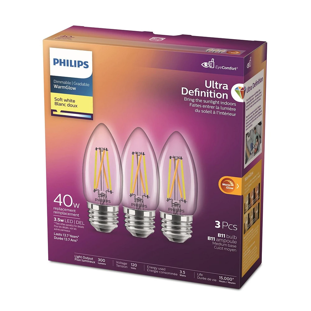 Philips LED Ultra Definition 40W Chandelier (B11) Medium Base (E26) Soft White WarmGlow Glass Clear 3-Pack, PHL LED 40W B11 E26 SW 3