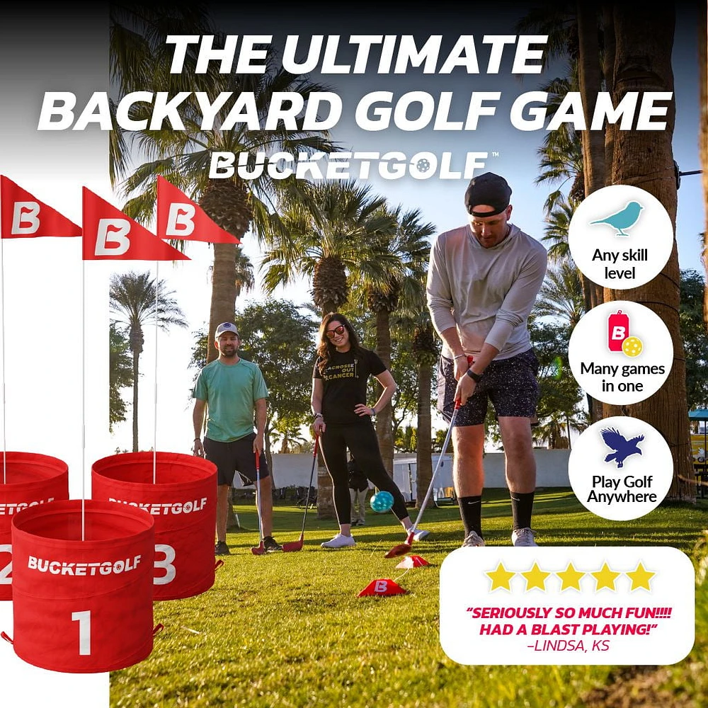 BucketGolf 6 Hole Course - The Ultimate Backyard Golf game for all levels, adults, kids, and families.  Play on vacation, park, beach, camping.