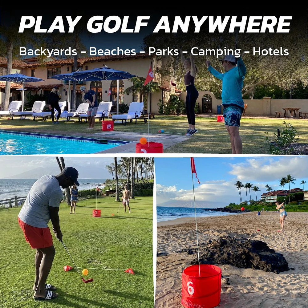 BucketGolf 6 Hole Course - The Ultimate Backyard Golf game for all levels, adults, kids, and families.  Play on vacation, park, beach, camping.