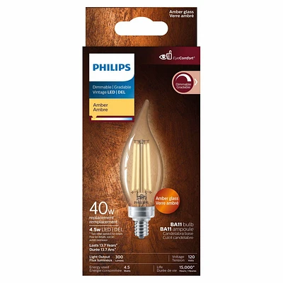 Philips LED 40W Vintage-style Dimmable Candle (B11) bulb, Candelabra base (E12) Amber glass