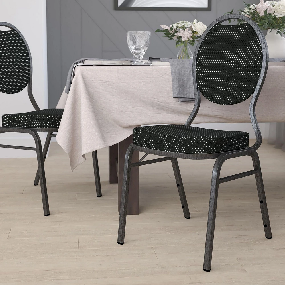 HERCULES Series Teardrop Back Stacking Banquet Chair in Black Patterned Fabric - Silver Vein Frame