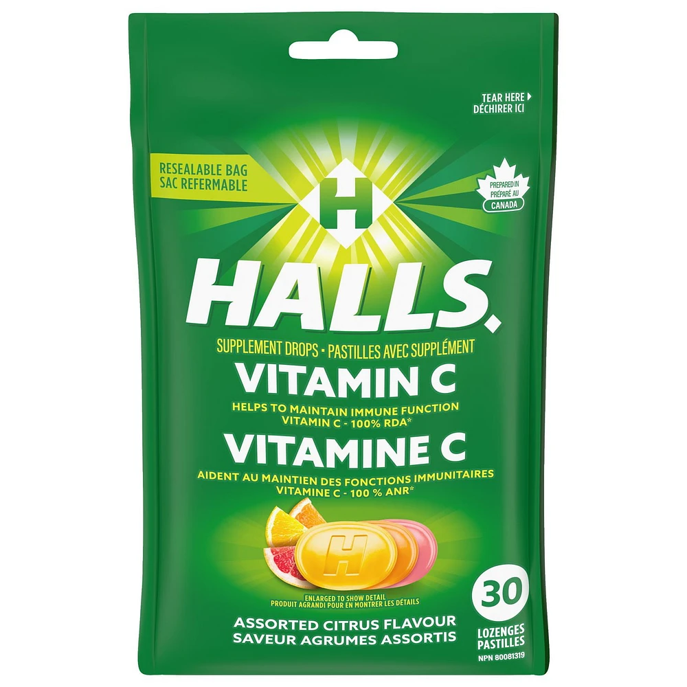HALLS, Vitamine C, agrumes assortis, pastilles avec supplément 30 pastilles