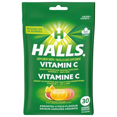 HALLS Vitamin C Assorted Citrus, Supplement Drops, 30 Lozenges