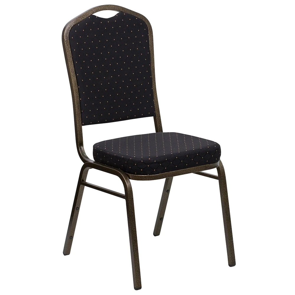 HERCULES Series Crown Back Stacking Banquet Chair in Black Patterned Fabric - Gold Vein Frame