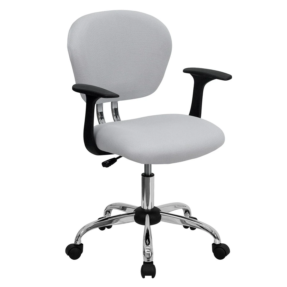 Mid-Back White Mesh Padded Swivel Task Chair with Chrome Base and Arms