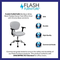 Mid-Back White Mesh Padded Swivel Task Chair with Chrome Base and Arms