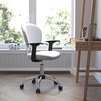 Mid-Back White Mesh Padded Swivel Task Chair with Chrome Base and Arms