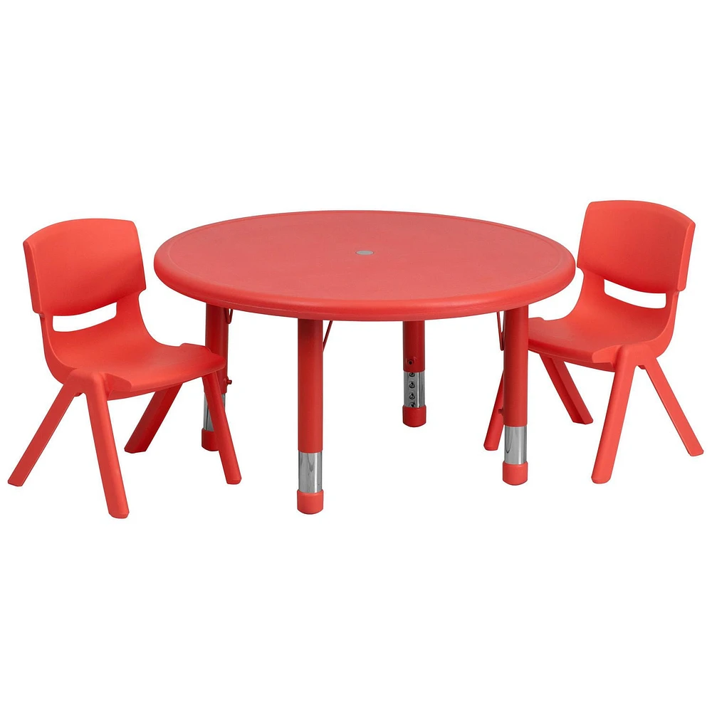 45'' Round Red Plastic Height Adjustable Activity Table Set with 2 Chairs