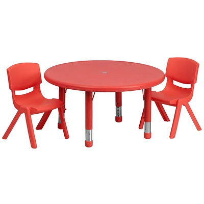 Ensemble de 2 chaises avec table d'activités ronde de 45 po en plastique rouge à hauteur réglable