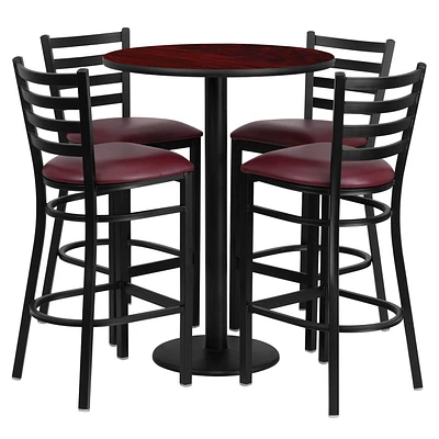 30'' Round Mahogany Laminate Table Set with Round Base and 4 Ladder Back Metal Barstools - Burgundy Vinyl Seat