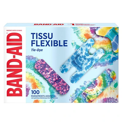 Band-Aid Brand Flexible Fabric Adhesive Tie-Dye Bandages, Fun Bandages Wound Care & Protection of Minor Cuts & Burns, QUILT-AID™ Comfort Pad Technology to Cushion Painful Wounds, Assorted Sizes, 100 count