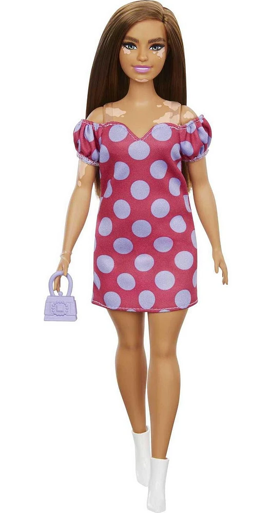 Barbie Fashionistas Doll #171, Curvy, Vitiligo, Long Brunette Hair, Off-shoulder Polka Dot Dress, Purse, Boots, 3 to 8 Years Old