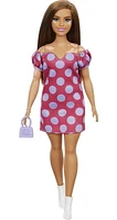 Barbie Fashionistas Doll #171, Curvy, Vitiligo, Long Brunette Hair, Off-shoulder Polka Dot Dress, Purse, Boots, 3 to 8 Years Old