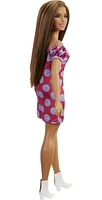 Barbie Fashionistas Doll #171, Curvy, Vitiligo, Long Brunette Hair, Off-shoulder Polka Dot Dress, Purse, Boots, 3 to 8 Years Old