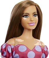 Barbie Fashionistas Doll #171, Curvy, Vitiligo, Long Brunette Hair, Off-shoulder Polka Dot Dress, Purse, Boots, 3 to 8 Years Old