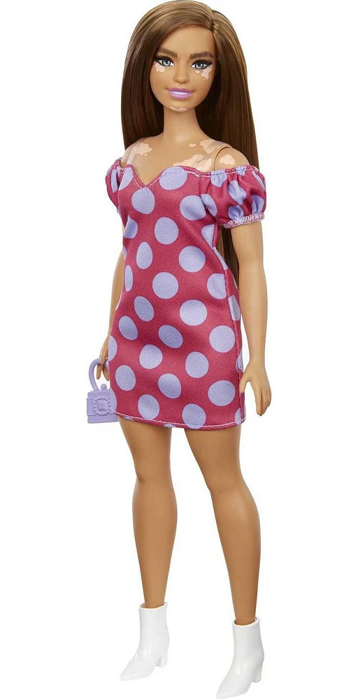 Barbie Fashionistas Doll #171, Curvy, Vitiligo, Long Brunette Hair, Off-shoulder Polka Dot Dress, Purse, Boots, 3 to 8 Years Old