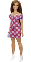 Barbie Fashionistas Doll #171, Curvy, Vitiligo, Long Brunette Hair, Off-shoulder Polka Dot Dress, Purse, Boots, 3 to 8 Years Old