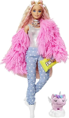 Barbie Extra Doll in Fluffy Pink Coat with Pet Unicorn-Pig