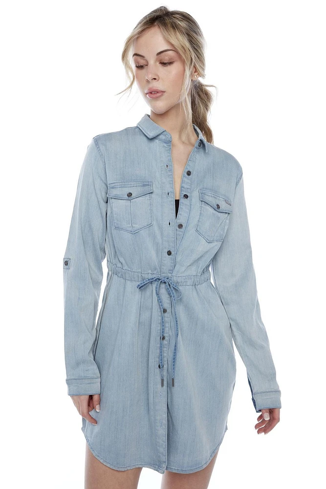 Jeaniologie ™  Button Front Dress - Light Blue Bleach, Size S-XXL