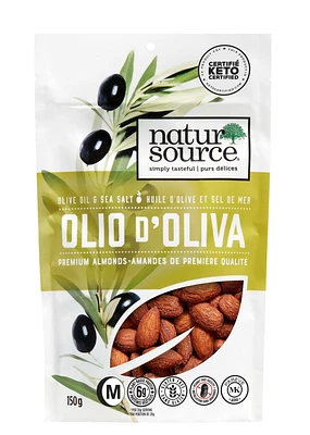 Natursource Olio d'Oliva Premium Almonds 150g, ·Premium almonds from California tossed with olive oil & sea salt<br>·Artisanally dry roasted (never fried)<br>·Clean label – only 3 ingredients!<br>·6g of plant-based protein per 28g serving<br>·3g of fibre per 28g serving<br>·KETO certified by the Paleo Foundation<br>·GMO Free