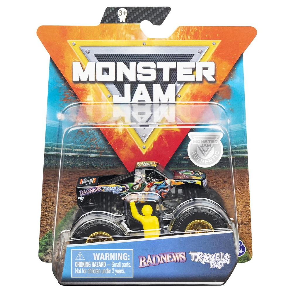 Monster Jam, Official Bad News Travels Fast Monster Truck, Die-Cast Vehicle, Arena Favorites Series, 1:64 Scale