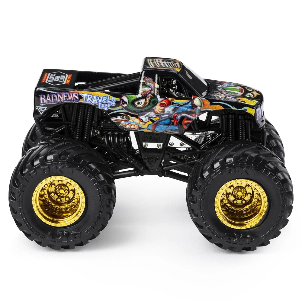 Monster Jam, Official Bad News Travels Fast Monster Truck, Die-Cast Vehicle, Arena Favorites Series, 1:64 Scale