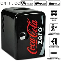 Coca-Cola Portable Thermoelectric Mini Fridge Cooler/Warmer, 6-Can Capacity, 4L/4.2 qt, 12V DC/110V AC for Home, Dorm, Car, Boat, Skincare, Beverages, Snacks, Medication