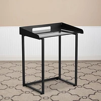 Contemporary Clear Tempered Glass Desk with Raised Cable Management Border and Black Metal Frame