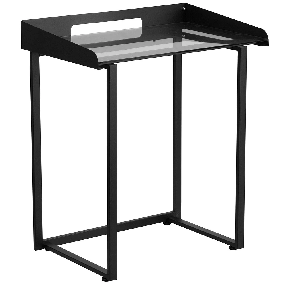 Contemporary Clear Tempered Glass Desk with Raised Cable Management Border and Black Metal Frame