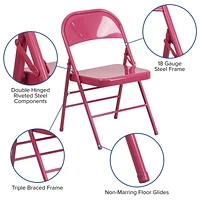 HERCULES COLORBURST Series Shockingly Fuchsia Triple Braced & Double-Hinged Metal Folding Chair