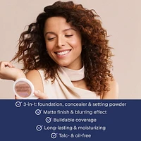 Marcelle Fond de teint compact + cache-cernes + poudre fixatrice 3 en 1 Skincaring avec acide hyaluronique Couvrance modulable, 8.5 g
