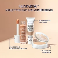 Marcelle Fond de teint compact + cache-cernes + poudre fixatrice 3 en 1 Skincaring avec acide hyaluronique Couvrance modulable, 8.5 g