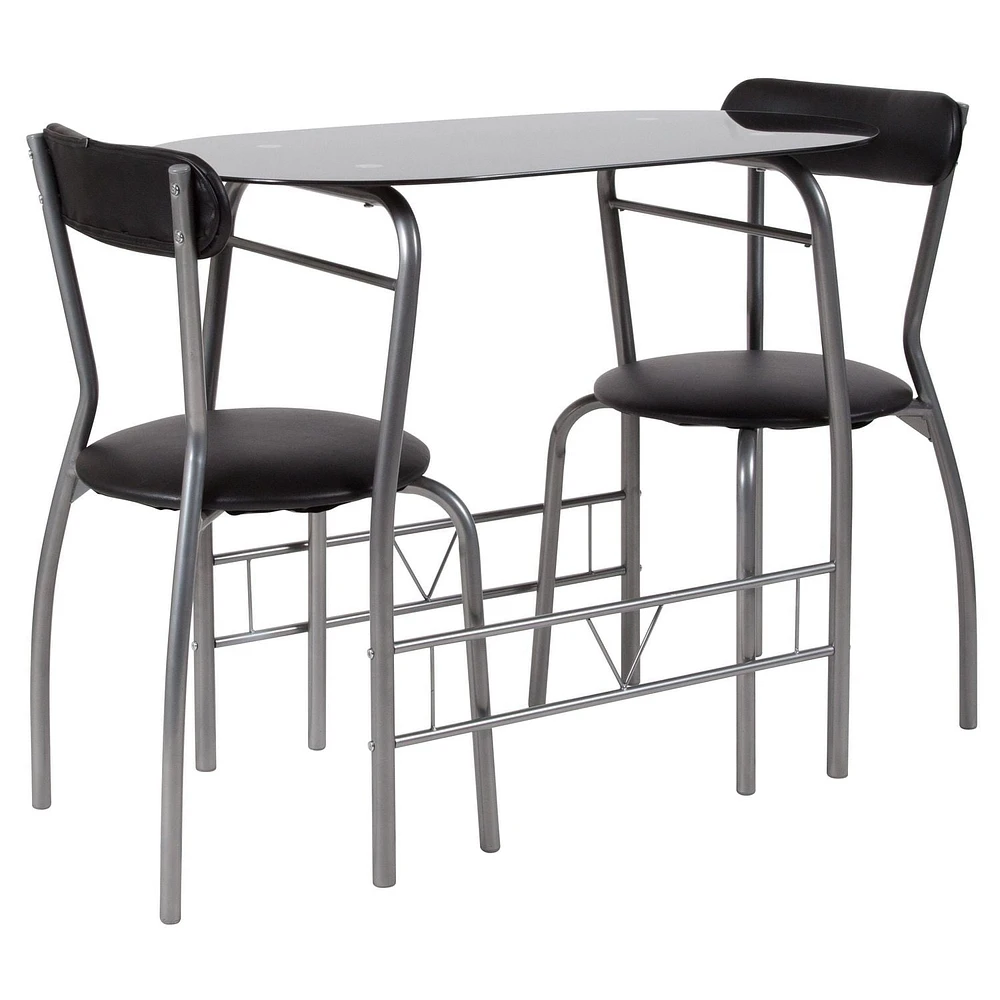 Sutton 3 Piece Space-Saver Bistro Set with Black Glass Top Table and Black Vinyl Padded Chairs