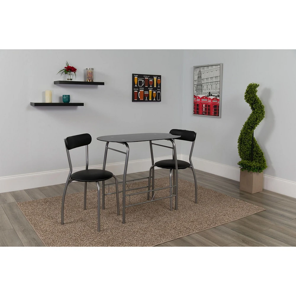 Sutton 3 Piece Space-Saver Bistro Set with Black Glass Top Table and Black Vinyl Padded Chairs