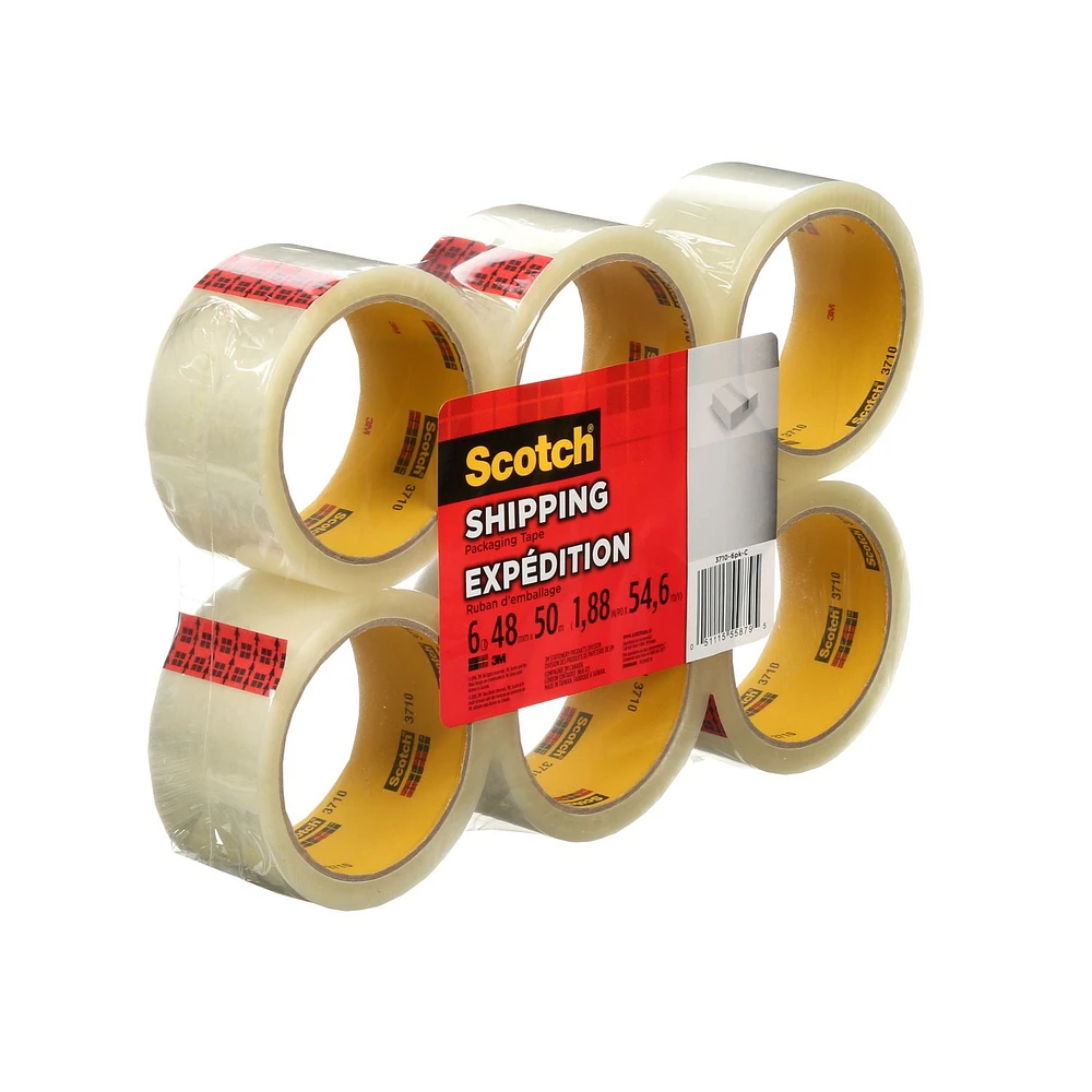 Scotch® Shipping Packaging Tape 3710, 1.88 in x 54.6 yd (48 mm x 50 m), 6 per pack