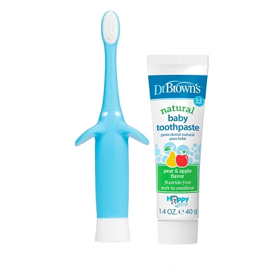 Dr. Brown's™ Infant-to-Toddler Training Toothbrush Set with Pear & Apple Fluoride-Free Toothpaste 1.4 oz, Soft for Baby's First Teeth, Blue  Elephant, 0-3 Years, 0-3 years