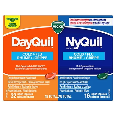 Vicks DayQuil et NyQuil Rhume et grippe LiquiCaps format pratique 48 capsules liquides
