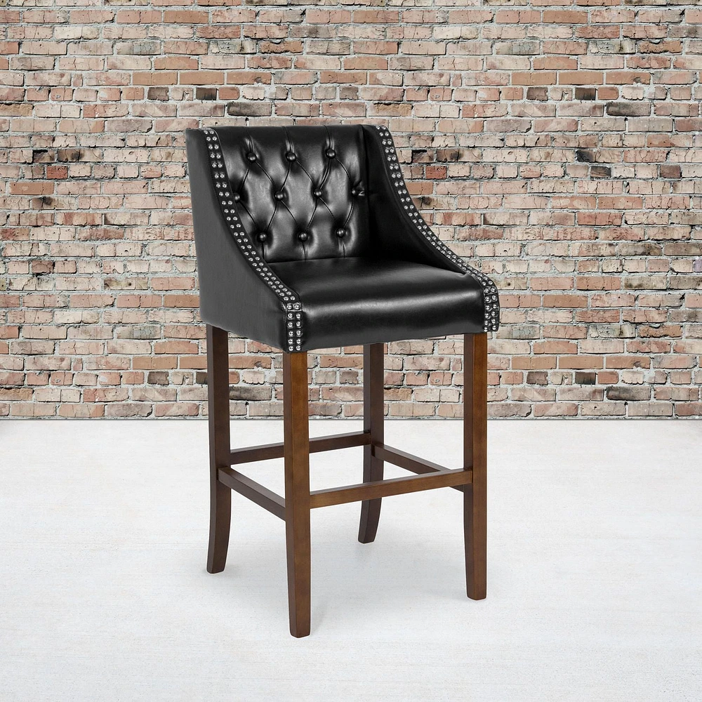 Carmel Series 30" High Transitional Tufted Walnut Barstool with Accent Nail Trim in Black Leather