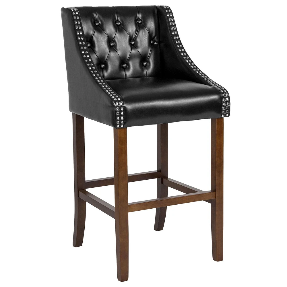 Carmel Series 30" High Transitional Tufted Walnut Barstool with Accent Nail Trim in Black Leather