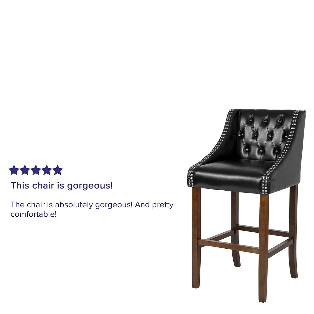 Carmel Series 30" High Transitional Tufted Walnut Barstool with Accent Nail Trim in Black Leather