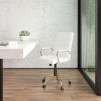 Mid-Back White Leather Executive Swivel Chair with Gold Frame and Arms