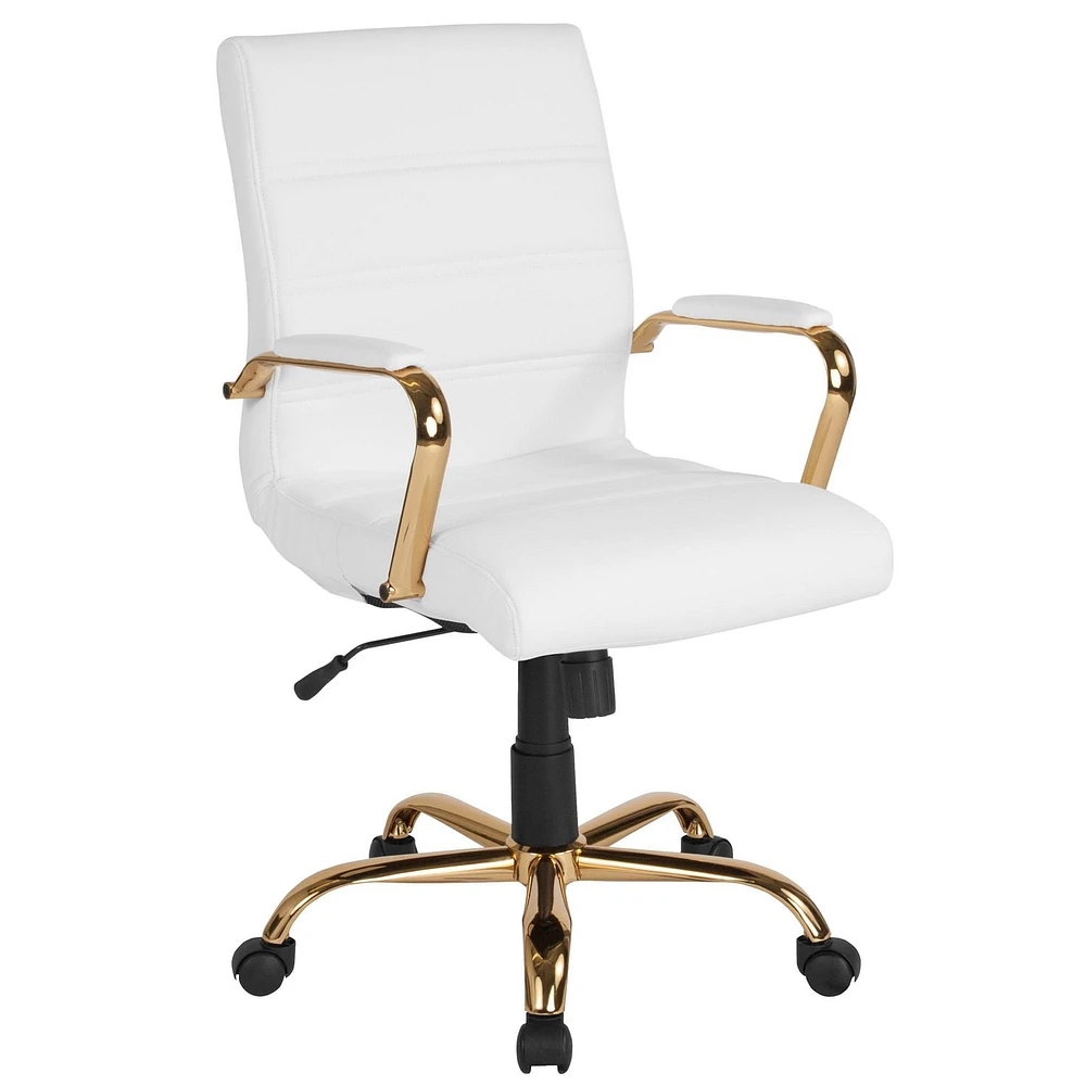 Mid-Back White Leather Executive Swivel Chair with Gold Frame and Arms