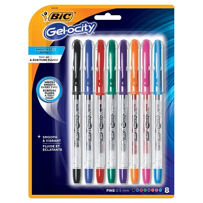 BIC Gel-ocity Stic Gel Pen, Fine Point (0.5mm), Assorted Colors, 8-Count, Quick Drying Ink, Precise Writing, 8 Count