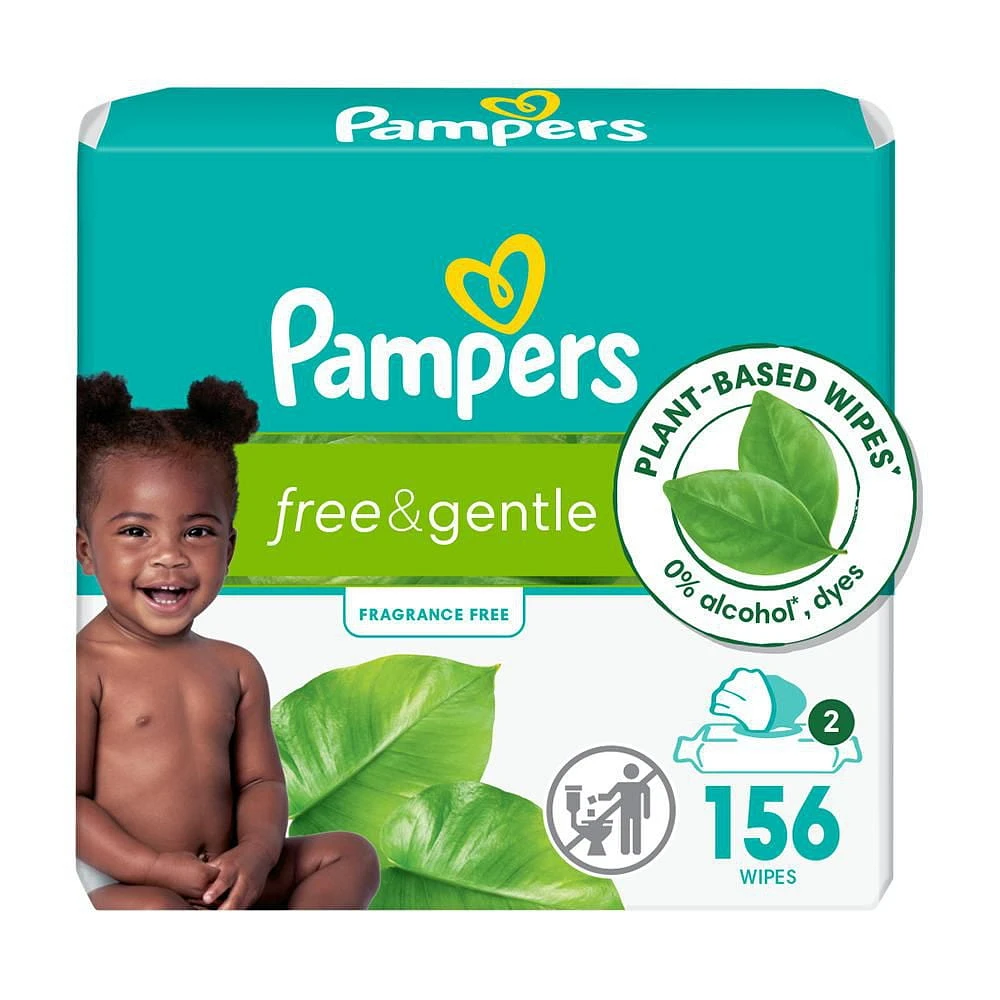 Lingettes pour bébés Pampers Free & Gentle 100% à base de plantes, non parfumées lingettes 156 & 468CT
