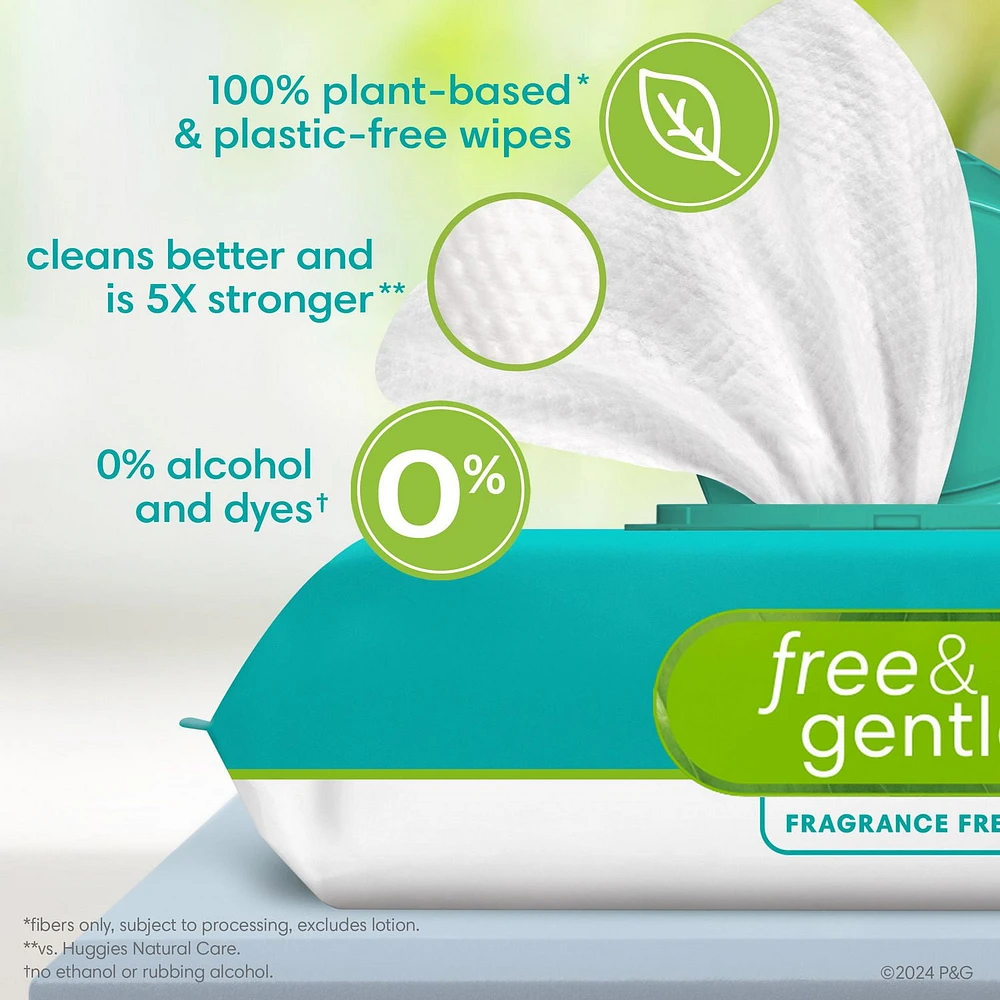 Lingettes pour bébés Pampers Free & Gentle 100% à base de plantes, non parfumées lingettes 156 & 468CT