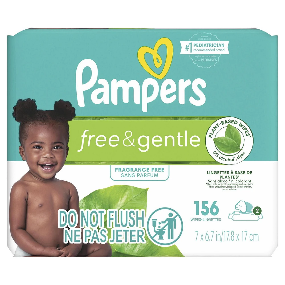 Lingettes pour bébés Pampers Free & Gentle 100% à base de plantes, non parfumées lingettes 156 & 468CT