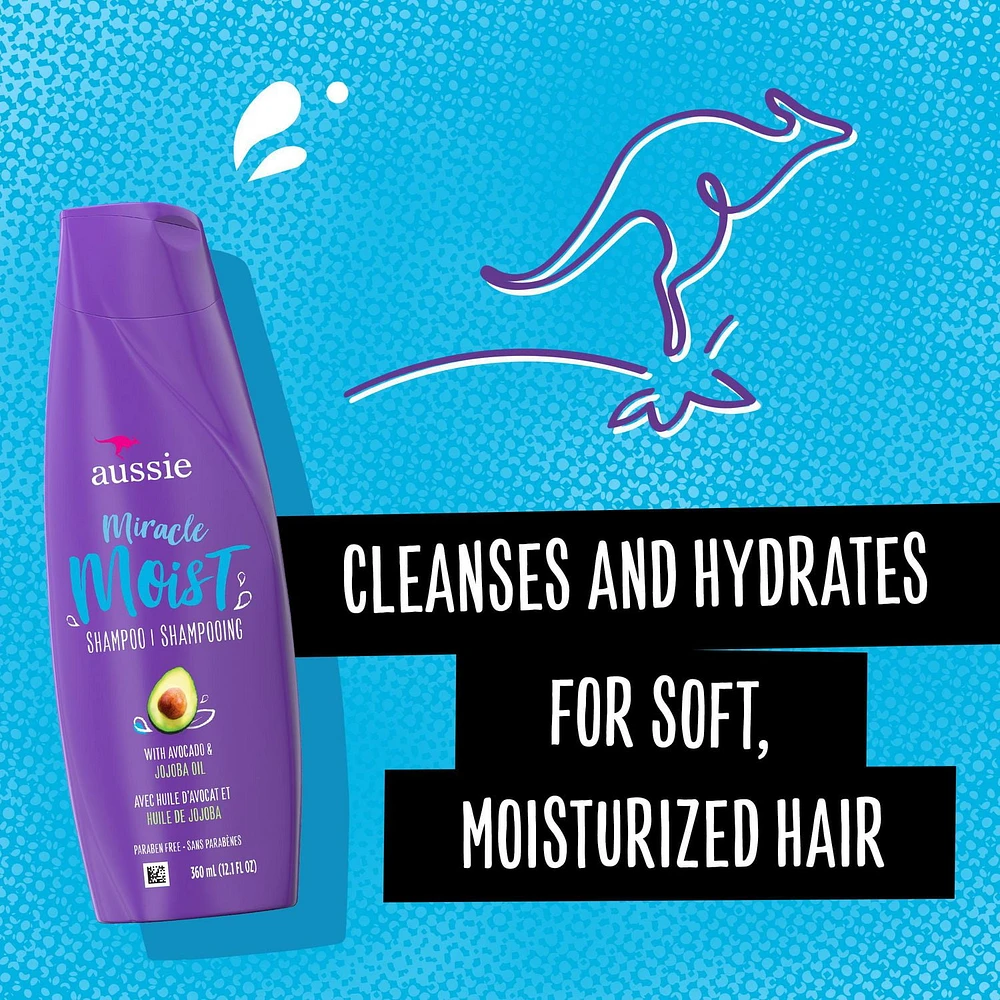 Aussie Miracle Moist with Avocado & Jojoba Oil, Paraben Free Shampoo, 360 mL