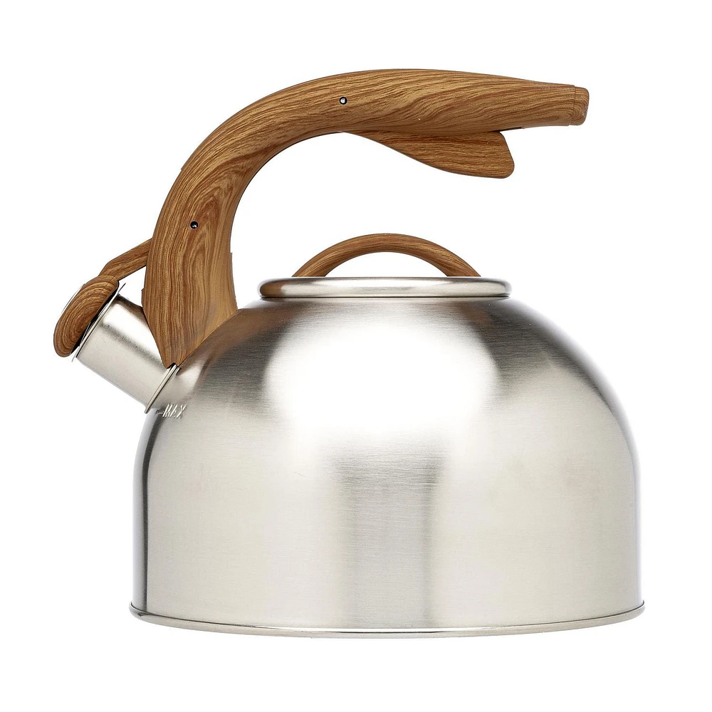 Primula Stainless Steel Whistling Kettle with Wood-Look Soft Touch Handles, Built-In Trigger Spout, Easy to Clean, 2.5 Quart, Whistling Tea Kettle