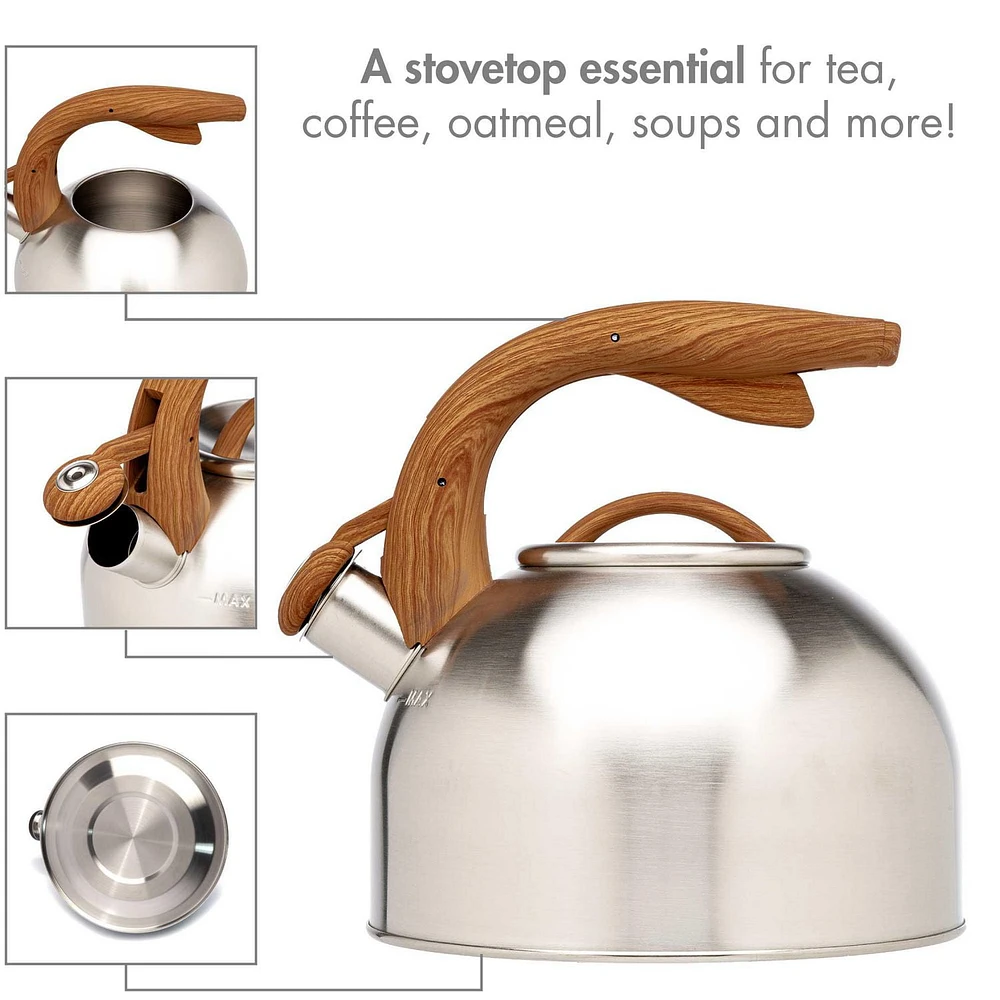 Primula Stainless Steel Whistling Kettle with Wood-Look Soft Touch Handles, Built-In Trigger Spout, Easy to Clean, 2.5 Quart, Whistling Tea Kettle